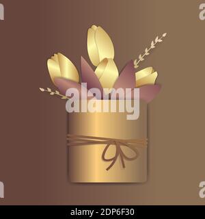 Image dorée de pot de fleurs avec tulipes et sources en elle. Illustration de Vecteur