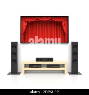 Système Home Cinema avec grand téléviseur affichant des rideaux rouges. Concept de nouvelle émission de télévision première, nouveau film. Banque D'Images