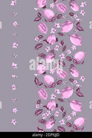 Motif vertical sans couture avec citrons frais sur les branches et fleurs aux couleurs pourpres sur fond gris. Motif vintage avec fruit citronné Illustration de Vecteur