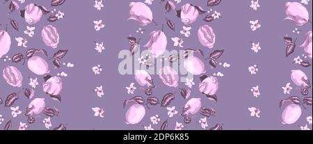 Motif vertical sans couture avec citrons frais sur les branches et fleurs aux couleurs violettes. Motif vintage avec fruits citronniers Illustration de Vecteur