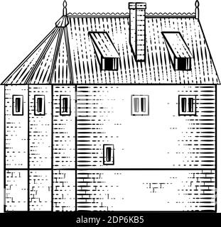 Old Medieval House Inn Building Vintage Woodcut Illustration de Vecteur