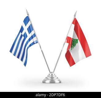 Drapeaux de table du Liban et de la Grèce isolés sur le rendu 3D blanc Banque D'Images