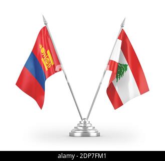 Drapeaux de table du Liban et de la Mongolie isolés sur le rendu 3D blanc Banque D'Images