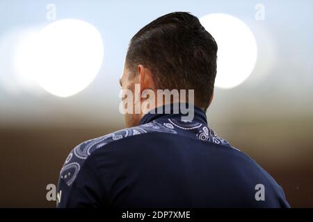 Ederson, gardien de but de Manchester City, a un tatouage emoji au visage souriant sur son cou lors du match de la Premier League au stade St Mary's, à Southampton. Banque D'Images