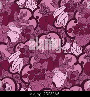 Motif sans couture avec boucles abstraites, fruits et baies aux couleurs rose et magenta. Il y a aussi un escargot et un menthe dans l'illustration graphique vectorielle Illustration de Vecteur