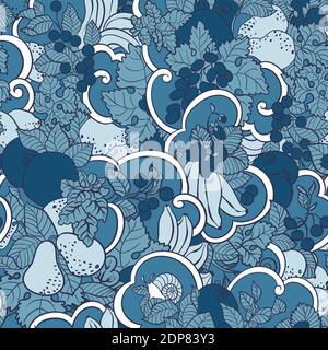 Motif sans couture avec boucles abstraites, fruits et baies aux couleurs bleues. Il y a aussi un escargot et un menthe dans l'illustration graphique vectorielle Illustration de Vecteur