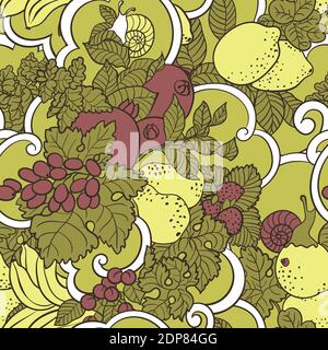 Motif sans couture avec boucles abstraites, fruits et baies aux couleurs olive, vert et rose. Illustration de la conception graphique vectorielle Illustration de Vecteur