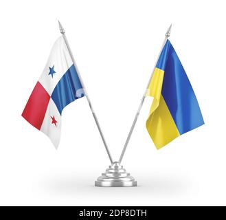 Drapeaux de table Ukraine et Panama isolés sur le rendu 3D blanc Banque D'Images