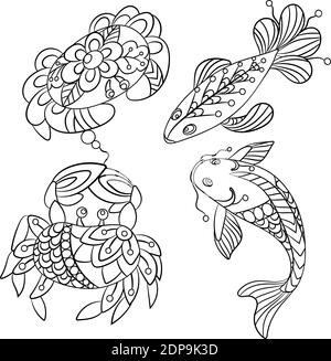 Ensemble d'animaux de mer en illustration graphique vectorielle en couleur pages pour les enfants et les adultes avec du poisson et du crabe Illustration de Vecteur