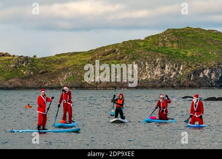 North Berwick, East Lothian, Écosse, Royaume-Uni, 19 décembre 2020. Paddle Boarding Santas pour la charité: Une initiative de la communauté locale par North Berwick News and Views appelée « Christmas Cheer » recueille plus de 5,000 £ de fonds pour les familles dans le besoin. Les paddle boarders sont habillés en costumes de Santa Banque D'Images