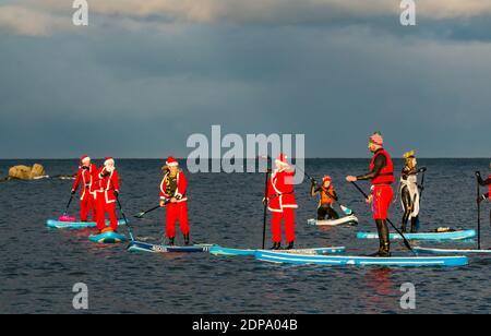 North Berwick, East Lothian, Écosse, Royaume-Uni, 19 décembre 2020. Paddle Boarding Santas pour la charité: Une initiative de la communauté locale par North Berwick News and Views appelée « Christmas Cheer » recueille plus de 5,000 £ de fonds pour les familles dans le besoin. Les paddle boarders sont habillés en costumes de Santa Banque D'Images