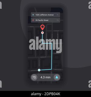 Localisateur GPS de taxi. Navigation sur la carte de la ville. Conception de l'interface utilisateur de l'application mobile. Thème sombre. Modèle d'interface utilisateur. Vecteur EPS 10 Illustration de Vecteur