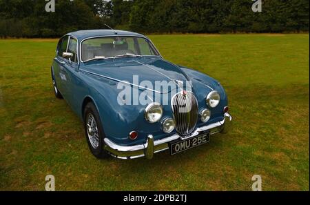 Bleu classique 1967 Jaguar Mark 2 3 500 cc isolé stationné sur l'herbe. Banque D'Images