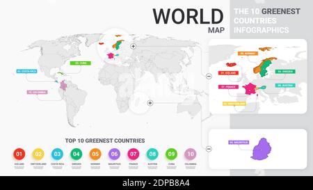 Illustration de la carte du monde avec pays colorés. Les 10 pays les plus verts Infographics. Modèle de statistiques professionnelles moderne et coloré. Illustration du vecteur plat Illustration de Vecteur