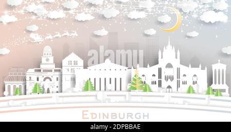Edinburgh Scotland City Skyline en papier coupé avec flocons de neige, lune et Neon Garland. Illustration vectorielle. Concept Noël et nouvel an. Illustration de Vecteur