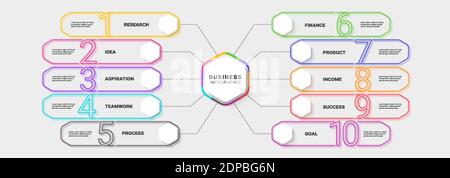 Modèle d'infographie moderne Neon Thin Line dix étapes pour réussir. Graphique des processus métier avec options pour Brochure, diagramme, flux de travail, Calendrier, Numbe Illustration de Vecteur