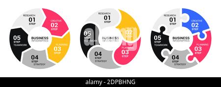 Modèle d'infographie graphique circulaire avec cinq étapes pour réussir. Modèle Business Circle avec options pour Brochure, diagramme, flux de travail, Timelin Illustration de Vecteur