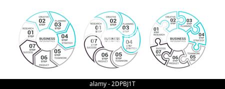 Modèle d'infographie à diagramme rond plat en ligne mince avec sept étapes pour réussir. Modèle Business Circle avec options pour brochure, diagramme, flux de travail, Illustration de Vecteur