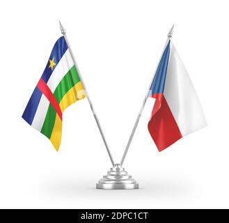 Drapeaux de table de la République tchèque et de la République centrafricaine isolés sur blanc Rendu 3D Banque D'Images