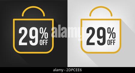 29 % de réduction. Bannière noire, blanche et jaune avec vingt-neuf pour cent de réduction. Vecteur de concept de sac d'achats. Illustration de Vecteur
