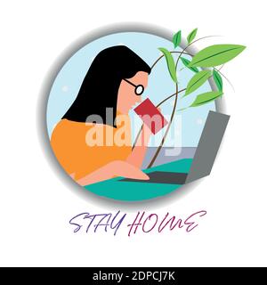 Rester à la maison, travailler à la maison, éducation en ligne. Une femme travaillant sur un ordinateur portable Illustration de Vecteur