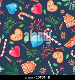 Illustration de Noël à motif sans couture, aquarelle dessinée à la main. Biscuits au pain d'épice, canne à sucre, boules de Noël, coeur, épinette et son de pin Banque D'Images