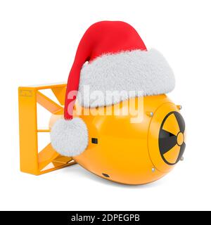 Bombe atomique jaune avec chapeau de Noël rouge du Père Noël, rendu 3D isolé sur fond blanc Banque D'Images