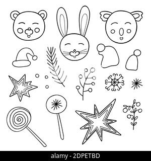 Mignon animaux drôle dessin vectoriel illustration dans le style de l'ensemble, noël simple main personnages pour les vacances d'hiver design, cartes de voeux, bannières, tissu Illustration de Vecteur