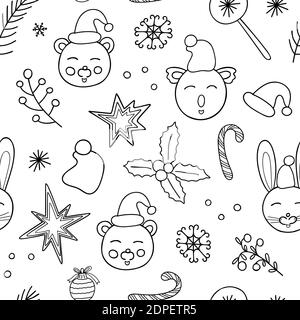 Mignon animaux drôle contour vector répéter le motif dans le style Doodle ensemble, noël simple main caractères dessinés pour les vacances d'hiver design, cartes de voeux, bannières, tissu Illustration de Vecteur