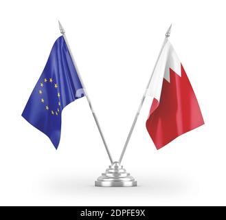 Les drapeaux de table de Bahreïn et de l'Union européenne sont isolés en 3D blanc rendu Banque D'Images
