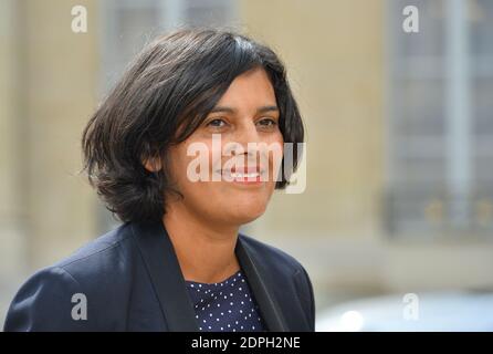 Récemment nommé ministre français du travail, de l'emploi, de la formation professionnelle et du dialogue social, Myriam El Khomri assiste à la 6ème conférence de presse semestrielle du président français François Hollande, à l'Elysée à Paris, le 7 septembre 2015. Hollande a abordé la crise des migrations, la stratégie militaire en Syrie, les réductions d'impôts, le Code du travail et la préparation de la conférence COP21 de décembre 2015 sur les changements climatiques. Photo de Christian Liewig/ABACAPRESS.COM Banque D'Images