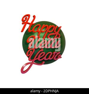 Bonne Année. Illustration des fêtes, lettrage calligraphique. Composition de lettres rouge brillant avec paillettes et boule de Noël verte. Rendu 3D Banque D'Images