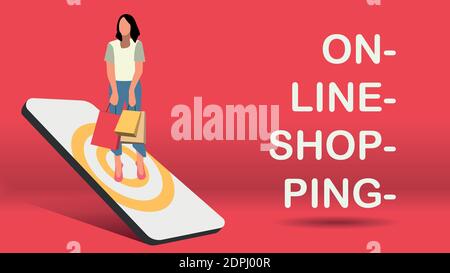 Shopping en ligne, une femme tenant des sacs de shopping. Réseaux sociaux, Web. Illustration vectorielle modifiable Illustration de Vecteur