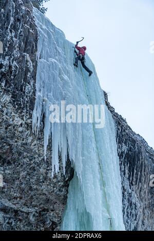 Les grimpeurs de glace profitent d'une journée à l'extérieur pour grimper sur des cascades gelées Hyalite Canyon Banque D'Images