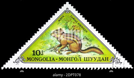 MOSCOU, RUSSIE - 26 SEPTEMBRE 2018 : un timbre imprimé en Mongolie montre Chipmunk sibérien (Tamias sibiricus), série animaux, vers 1973 Banque D'Images