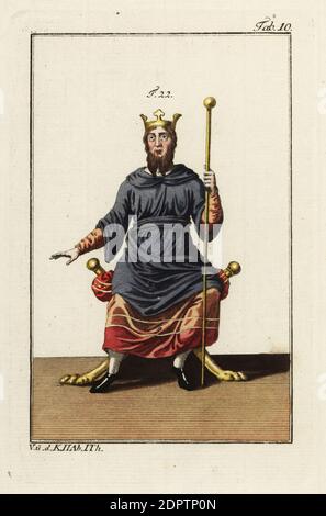 Roi anglo-saxon assis sur un trône portant une longue tunique bleue au-dessus d'une survêtements. Il porte une couronne et tient un long sceptre (un bâton avec une boule à la fin) dans sa main gauche 22. Gravure en coperplate de couleur main de la photo historique de Robert von Spalart des costumes du peuple principal de l'Antiquité et du Moyen-âge, Vienne, 1796. Banque D'Images