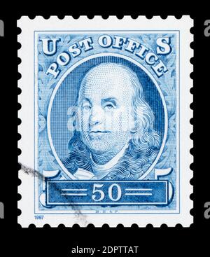 ÉTATS-UNIS D'AMÉRIQUE - VERS 1997 : un timbre imprimé aux États-Unis d'Amérique montre Benjamin Franklin, vers 1997. Banque D'Images
