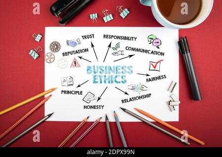 Éthique professionnelle. Confiance, réputation, communication et concept de relation. Graphique avec mots-clés et icônes. Bureau rouge Banque D'Images