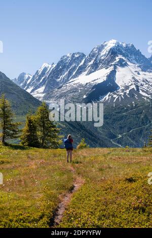 Randonneur regardant le panorama de montagne depuis l'aiguille des Posettes, sommet de l'aiguille verte, Chamonix, haute-Savoie, France Banque D'Images