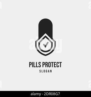 Simple Pill Medicine protection Shield logo icône Vector Template approprié pour une clinique ou un centre de santé Illustration de Vecteur