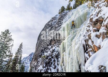 Les grimpeurs de glace profitent d'une journée à l'extérieur pour grimper sur des cascades gelées Hyalite Canyon Banque D'Images