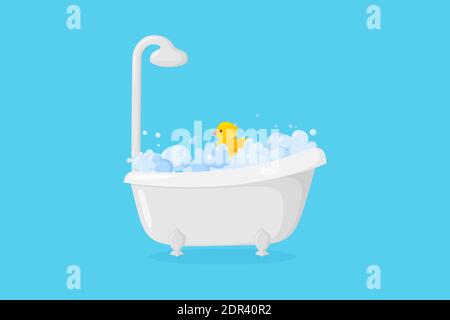 Baignoire avec suds et canard en caoutchouc et douche. Cuve avec bulles et mousse isolée sur fond bleu. Illustration vectorielle de style dessin animé Illustration de Vecteur