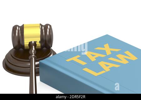 Une illustration de rendu 3D de juge gavel avec la loi fiscale sur un livre bleu Banque D'Images