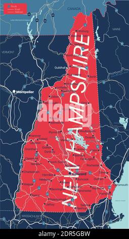 Carte modifiable détaillée de l'État du New Hampshire avec villes et villes, sites géographiques, routes, chemins de fer, autoroutes et autoroutes américaines. Fichier vectoriel EPS-10, Illustration de Vecteur
