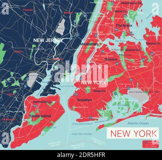 Carte détaillée modifiable de la ville de New York avec villes et villes, sites géographiques, routes, chemins de fer, autoroutes et autoroutes américaines. Fichier vectoriel EPS-10, tendance Illustration de Vecteur