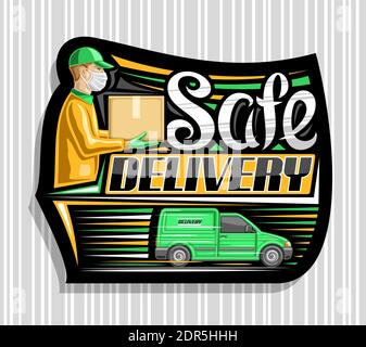 Logo Vector for Safe Delivery, signalisation noire avec illustration de l'homme dans des gants médicaux en caoutchouc, port d'un masque de protection, boîte de livraison. Unique Illustration de Vecteur