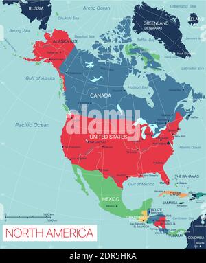 Amérique du Nord carte détaillée modifiable avec villes et sites géographiques. Fichier vectoriel EPS-10, schéma de couleurs tendance Illustration de Vecteur