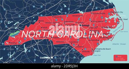 Carte modifiable détaillée de l'État de Caroline du Nord avec villes et villes, sites géographiques, routes, chemins de fer, autoroutes et autoroutes américaines. Fichier vectoriel EPS-10 Illustration de Vecteur