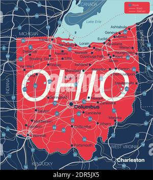 Carte modifiable détaillée de l'État de l'Ohio avec villes, sites géographiques, routes, chemins de fer, autoroutes et autoroutes américaines. Fichier vectoriel EPS-10, tendance Illustration de Vecteur
