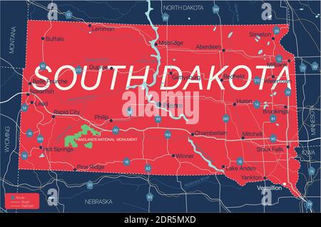 Etat de Dacota du Sud carte modifiable détaillée avec villes et villes, sites géographiques, routes, chemins de fer, autoroutes et autoroutes américaines. Fichier vectoriel EPS-10, Illustration de Vecteur